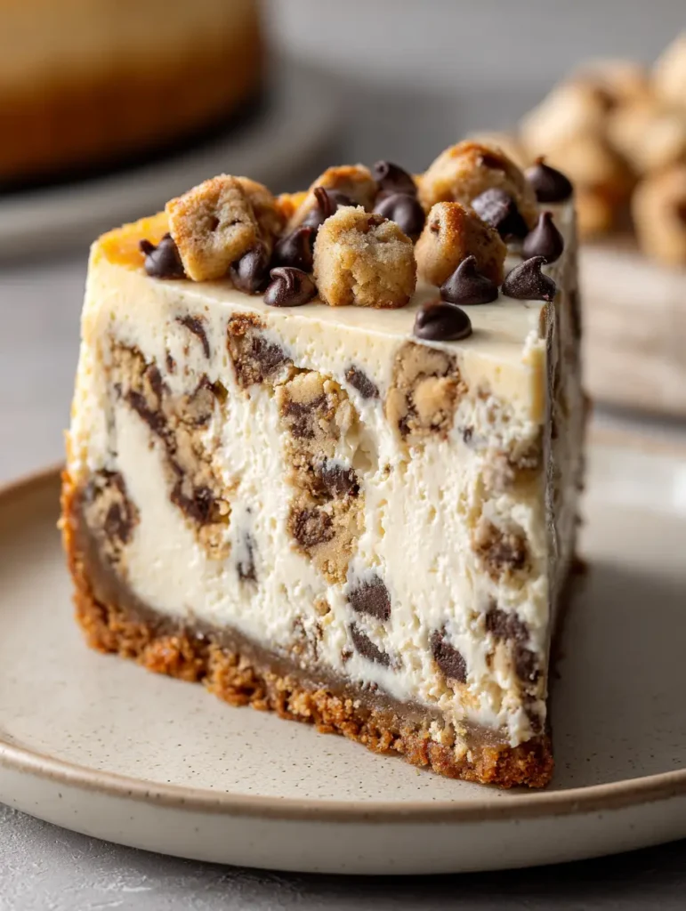 Nahaufnahme eines dicken Stücks Cookie Dough Käsekuchen mit Schokoladentropfen und goldenem Boden.
