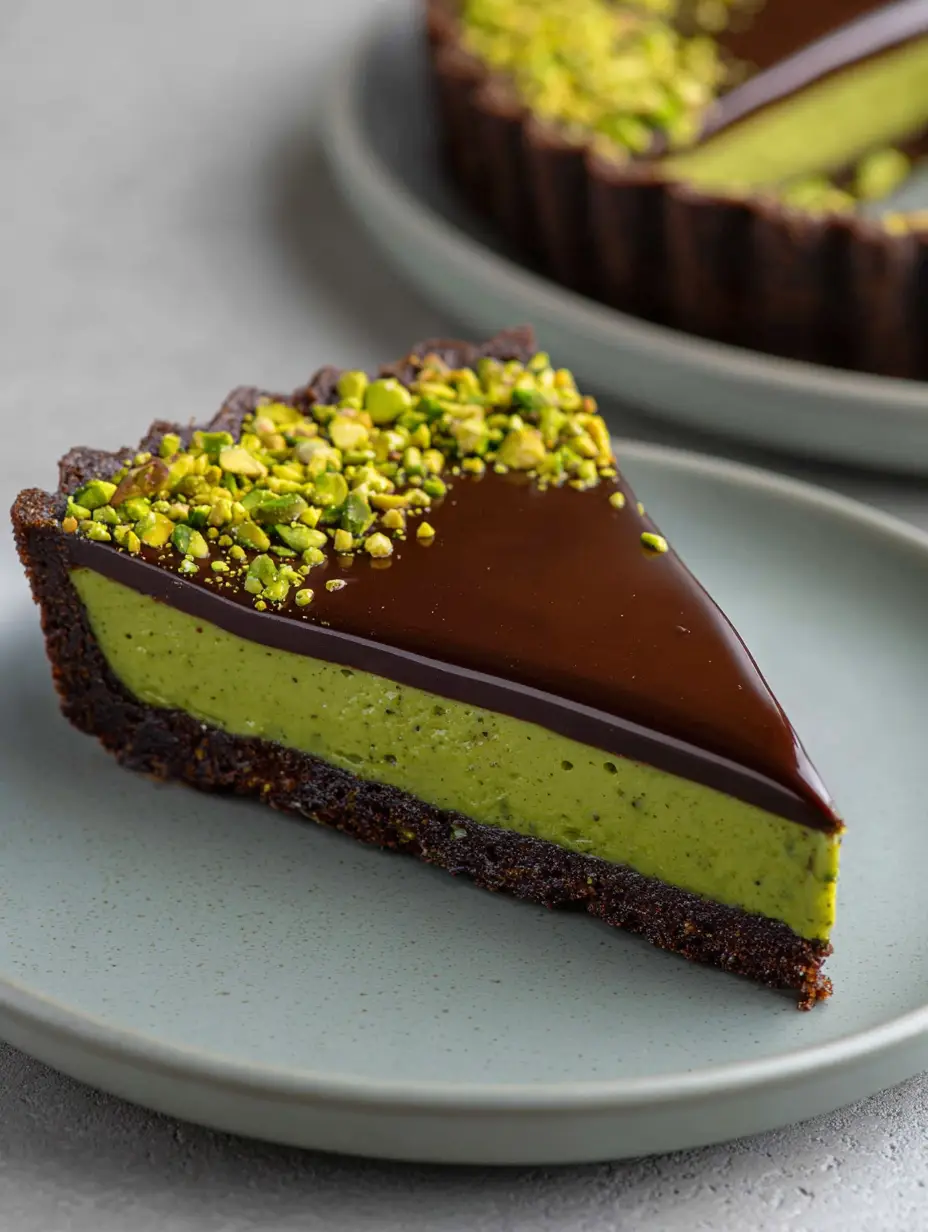Seitenansicht eines Stücks Dubai Schokolade Tarte mit sichtbaren Pistazien- und Schokoladenschichten.