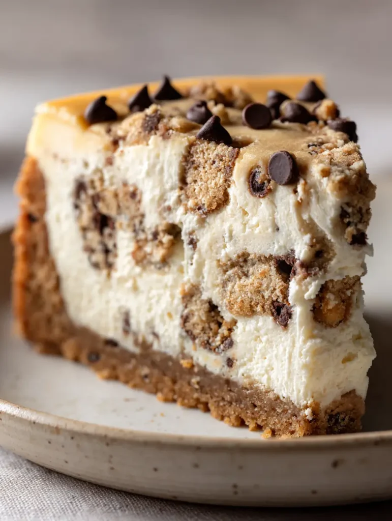 Frisch gebackener Cookie Dough Käsekuchen mit extra Schokostückchen obenauf.