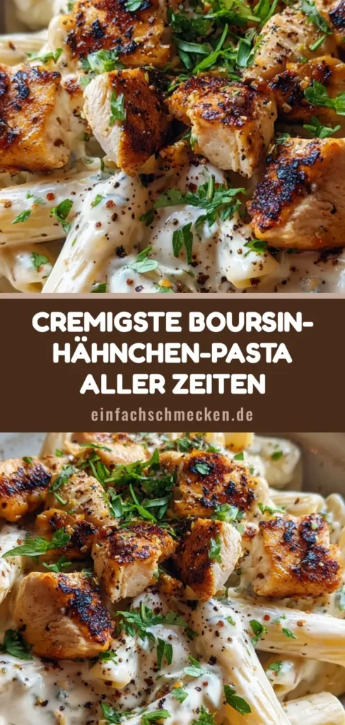 Draufsicht auf eine cremige Boursin-Hähnchen-Pasta in einer Keramikschale mit viel Petersilie und Pfeffer.