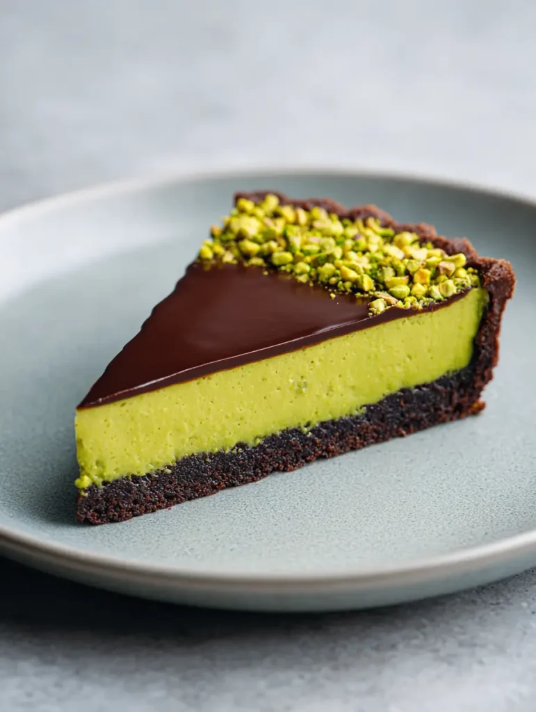 Ganze Dubai Schokolade Tarte garniert mit einem Rand aus fein gehackten grünen Pistazien.