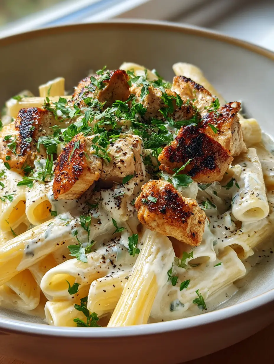 Nahaufnahme von Boursin-Hähnchen-Pasta mit goldbraun gebratenem Hähnchen und cremiger Sauce.