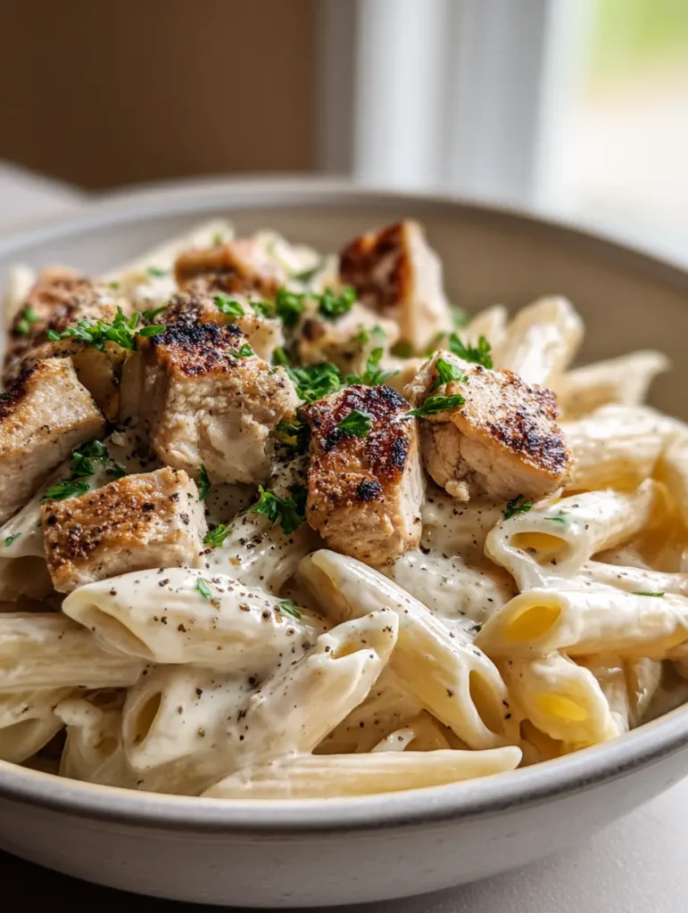Boursin-Hähnchen-Pasta in einer flachen Schale vor neutralem Hintergrund mit Fokus auf die Textur der Sauce.