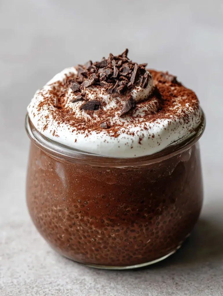 Draufsicht auf einen Mocha Chia Pudding mit einer feinen Bestäubung aus dunklem Kakao und Schokoladenraspeln.