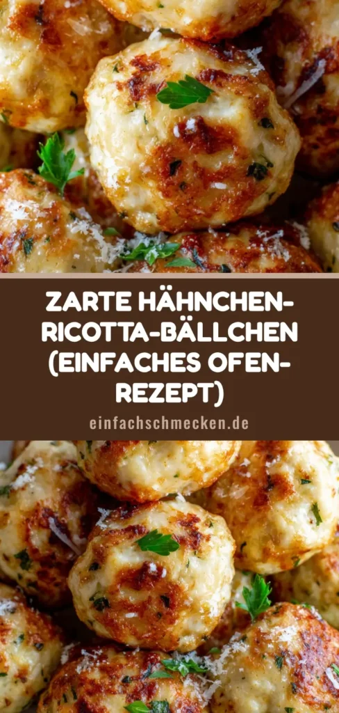 Goldbraun gebackene Hähnchen-Ricotta-Bällchen in einer weißen Servierschale mit Petersilie garniert.