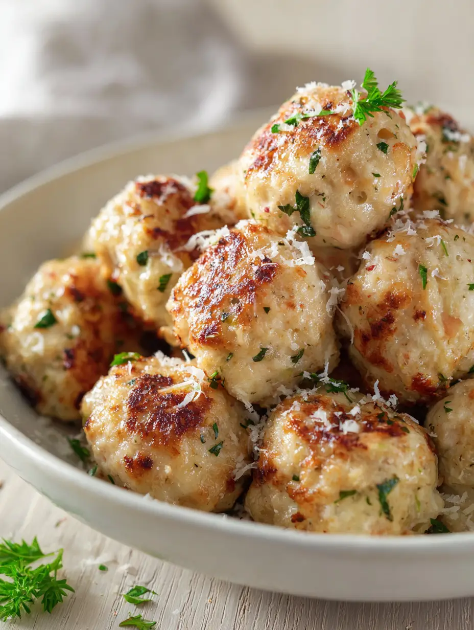 Nahaufnahme von Hähnchen-Ricotta-Bällchen mit sichtbarem Parmesan und Kräutern.