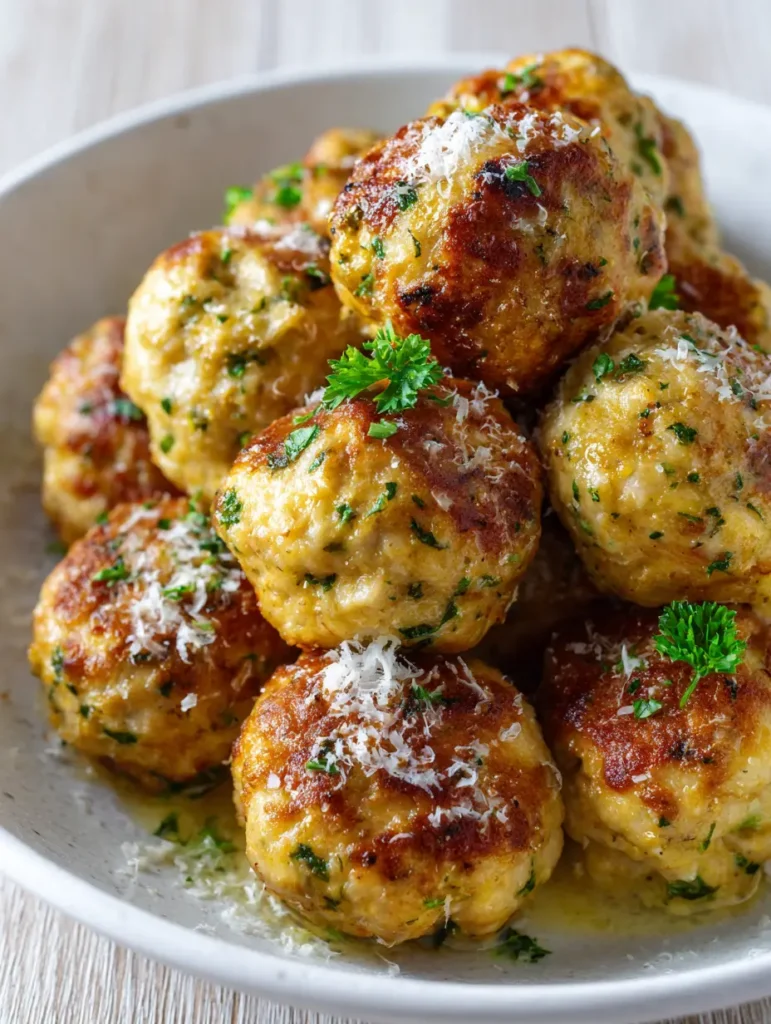 Hähnchen-Ricotta-Bällchen serviert in einer Keramikschale auf einem Holztisch.