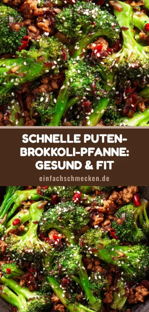 Draufsicht einer Putenhackfleisch Pfanne mit Brokkoli in einer rustikalen Schüssel, garniert mit Sesam und Chiliflocken.