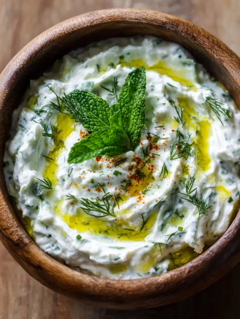 Nahaufnahme der Textur eines Tzatziki Rezepts mit Gurkenraspeln und Dill-Garnitur.