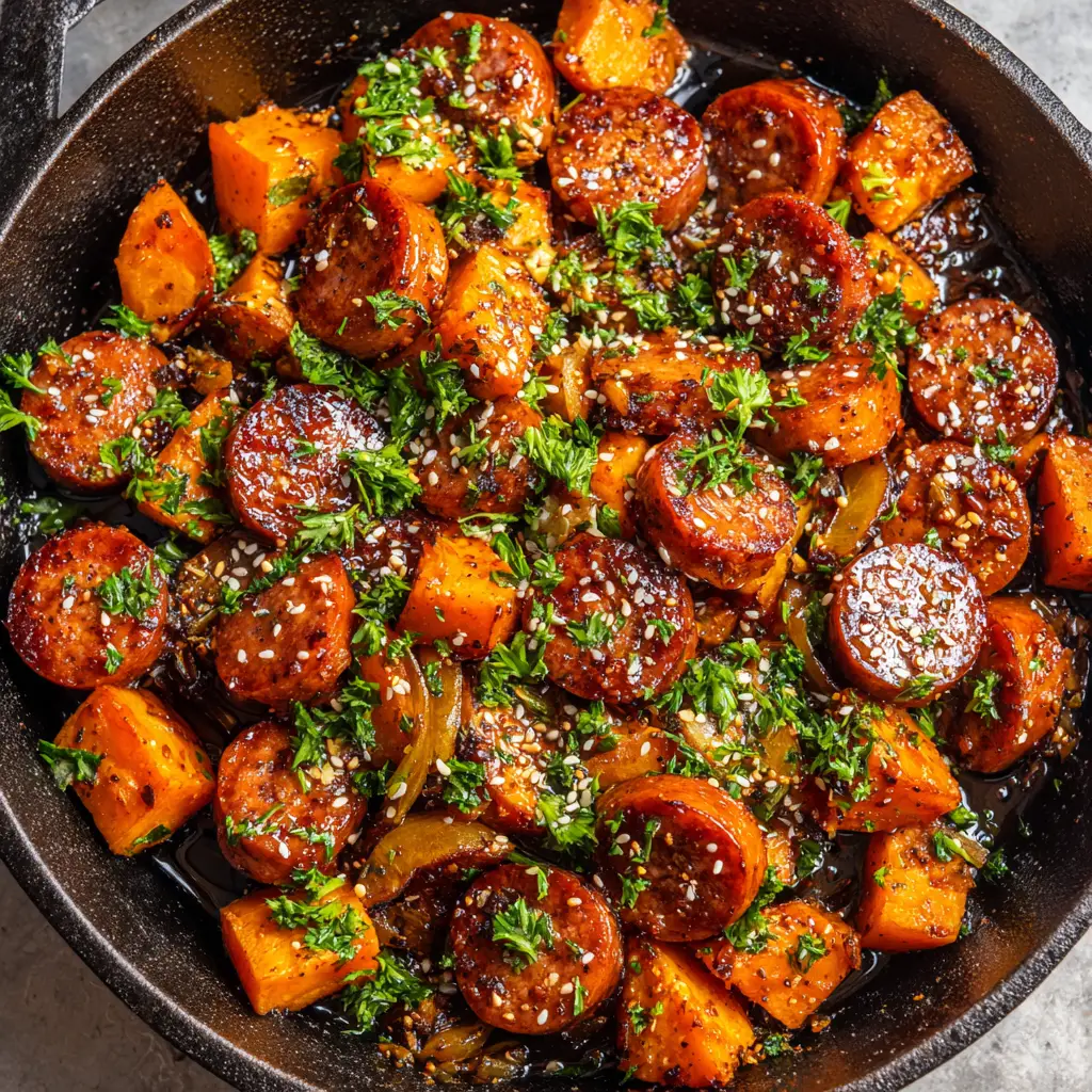 Honig-Knoblauch-Hähnchen: Das ultimative 30-Minuten-Pfannengericht 1 Saftige Hähnchenbruststücke und Süßkartoffelwürfel in Honig-Knoblauch-Sauce.