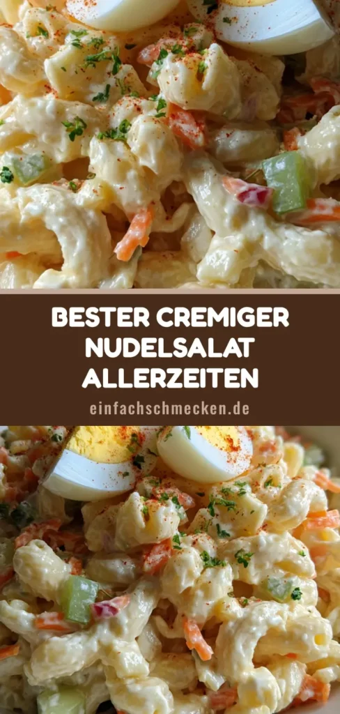 Cremiger Nudelsalat in einer weißen Schüssel mit Eischeiben und Paprikapulver auf einem Holztisch.