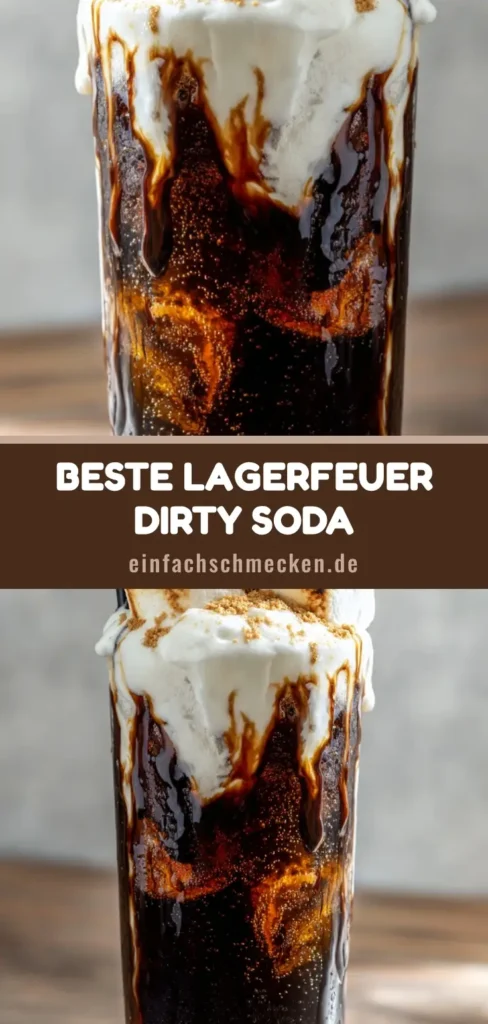 Ein hohes Glas Dirty Soda mit Coca-Cola, Sahne, gerösteten Marshmallows und Schokoladensauce auf einem Holztisch. (Dirty Soda Rezept)