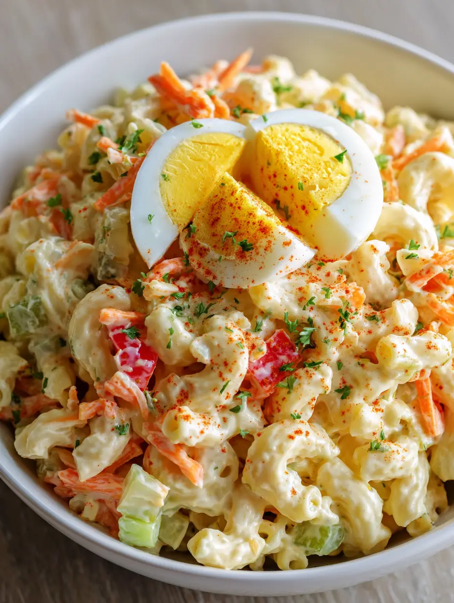 Draufsicht auf einen cremigen Nudelsalat mit Gabelspaghetti, Karotten und Sellerie.