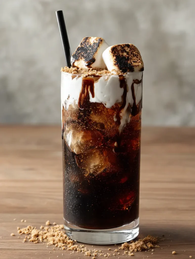 Nahaufnahme einer Dirty Soda, bei der Sahne in die dunkle Cola fließt. (Dirty Soda Rezept)