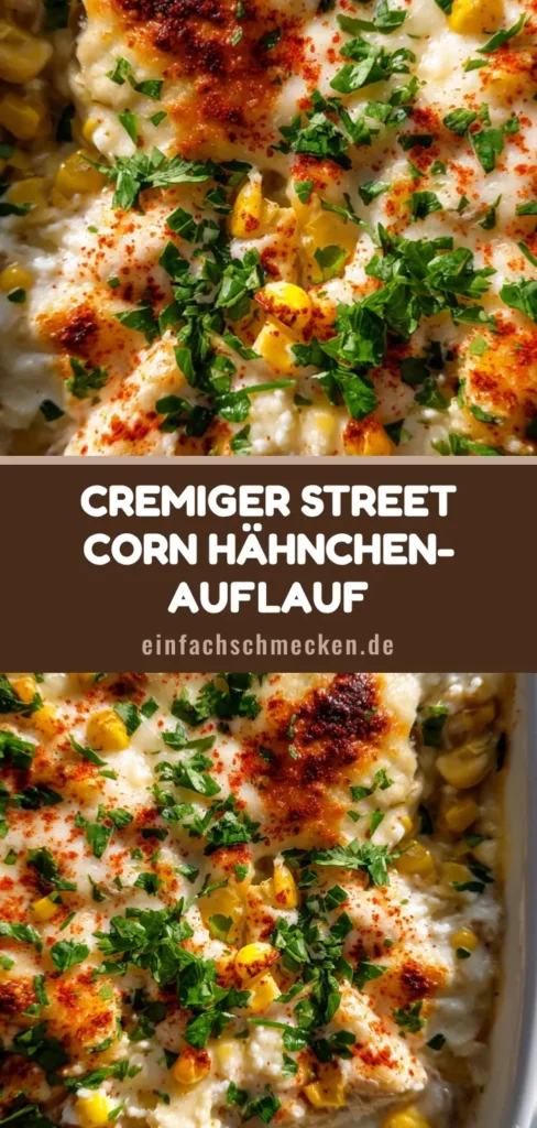 Draufsicht auf einen Hähnchen-Auflauf mit Mais in einer weißen Form mit geschmolzenem Käse, Chili und Koriander.
