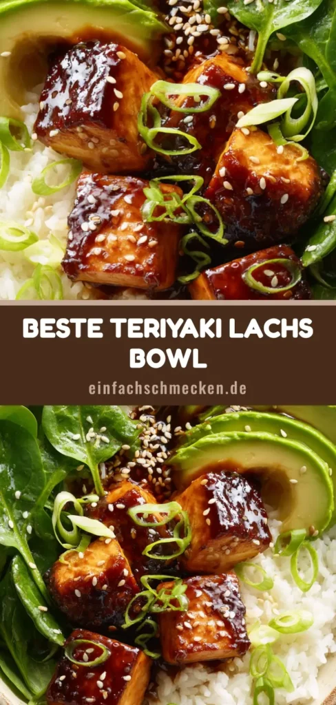 Nahaufnahme einer Teriyaki Lachs Bowl mit glänzenden Lachswürfeln, Jasminreis, Avocado und Spinat auf einem Steingrundgrund.