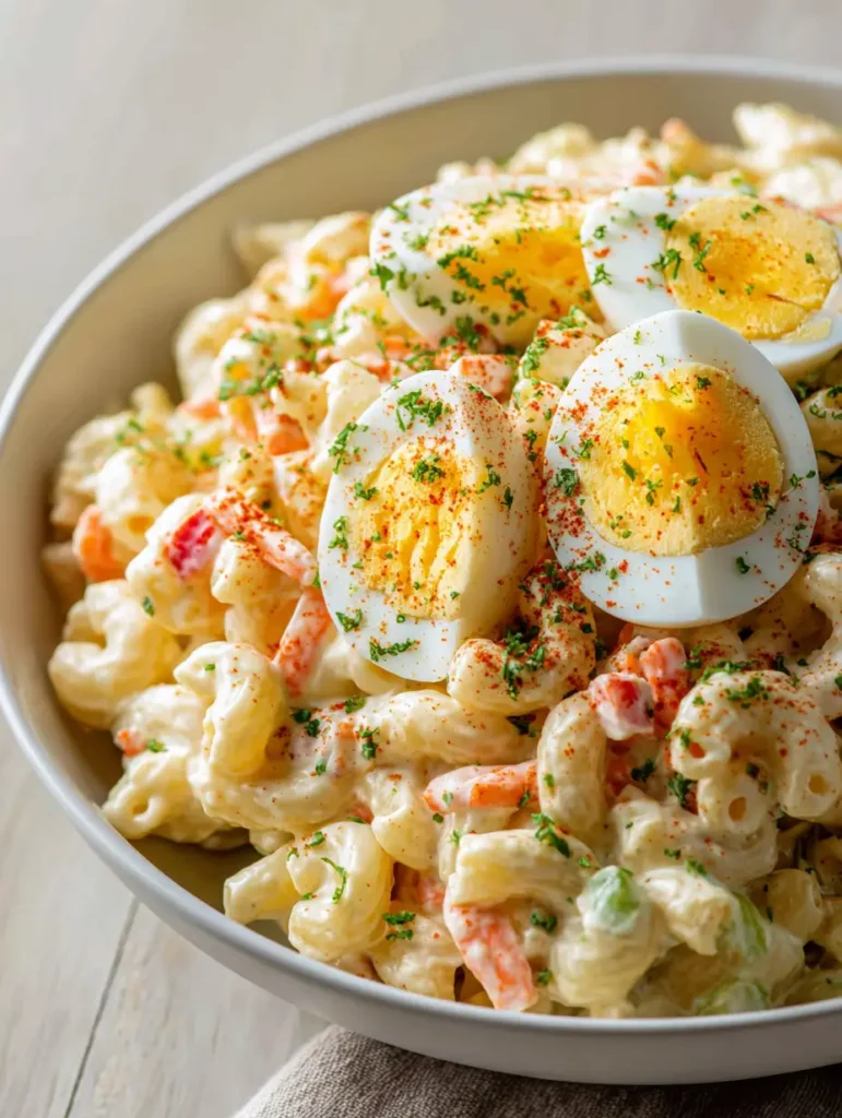 Cremiger Nudelsalat mit Fokus auf das Dressing und die Gemüsestückchen.