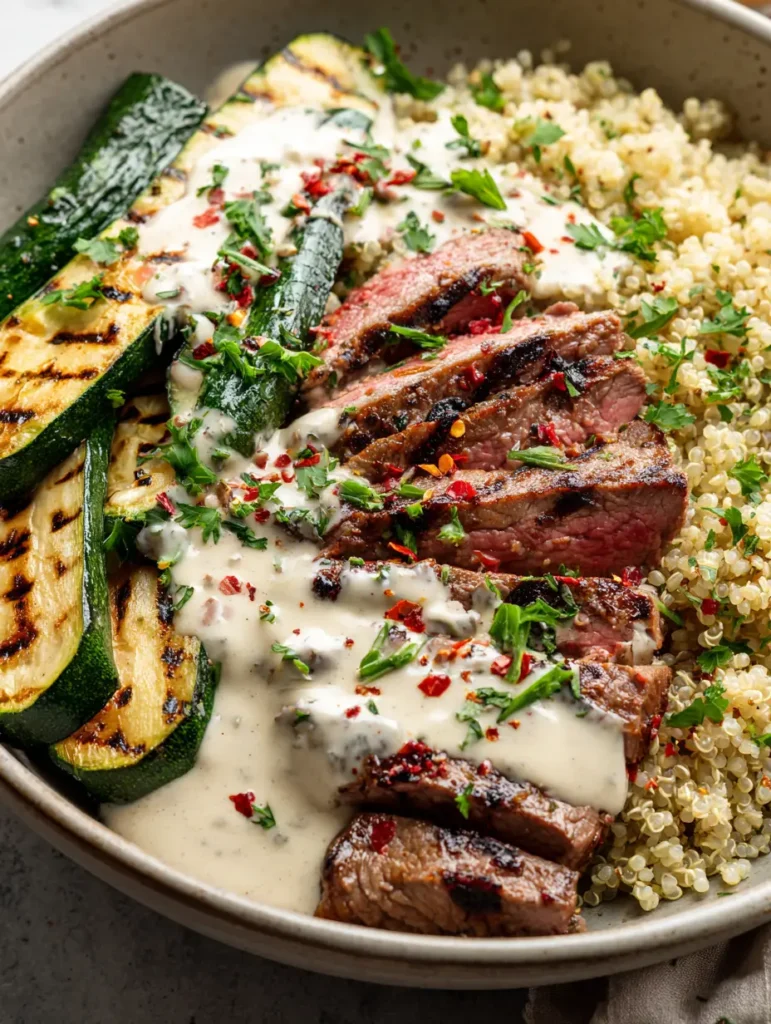 Fertig angerichtetes Steak Bowl Rezept mit deutlich sichtbaren Grillstreifen auf der Zucchini und perfekt rosa gebratenem Fleisch.