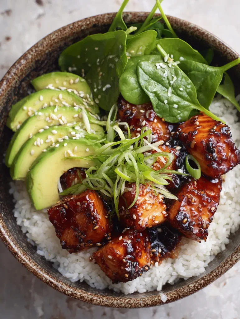 Draufsicht auf eine Teriyaki Lachs Bowl mit dunkel glasiertem Fisch, hellem Reis und frischem Grünzeug.