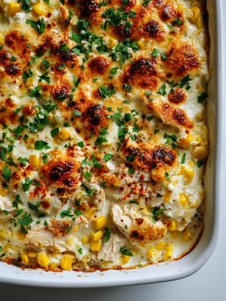 Hähnchen-Auflauf mit Mais direkt aus dem Ofen mit leuchtendem Koriander-Topping.
