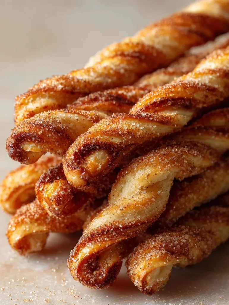 Nahaufnahme von frisch gebackenen Zimt-Twists mit glitzernden Zuckerkristallen auf einer hellen Oberfläche.