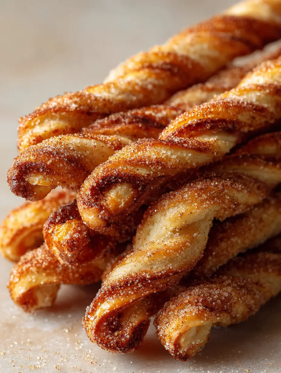 Nahaufnahme von frisch gebackenen Zimt-Twists mit glitzernden Zuckerkristallen auf einer hellen Oberfläche.