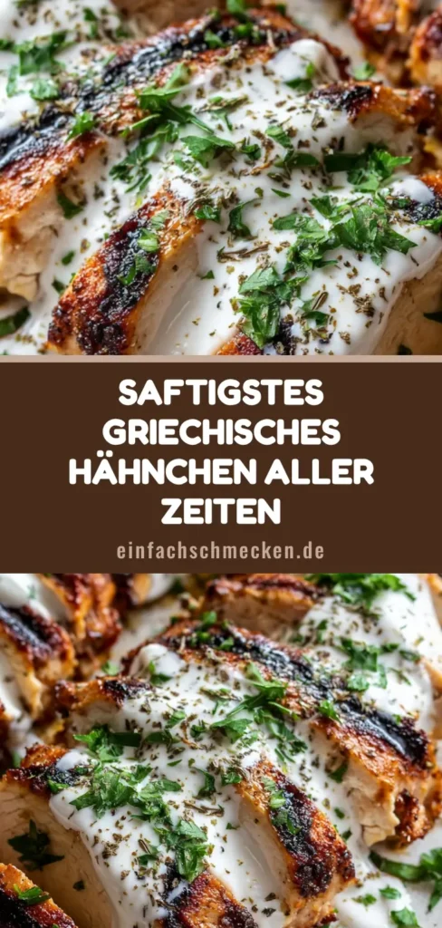 Griechische Hähnchen-Marinade: Saftiges Grillfleisch wie beim Lieblings-Griechen 4 Gegrillte Hähnchenbruststreifen mit Griechischer Hähnchen-Marinade, Joghurt-Drizzle und Petersilie auf einem weißen Teller.