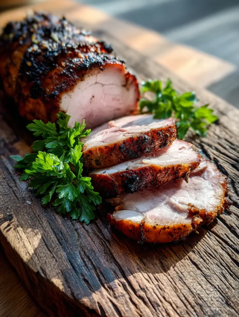 Ein saftiger Schweinerückenbraten frisch aus dem Smoker auf einem rustikalen Brett.