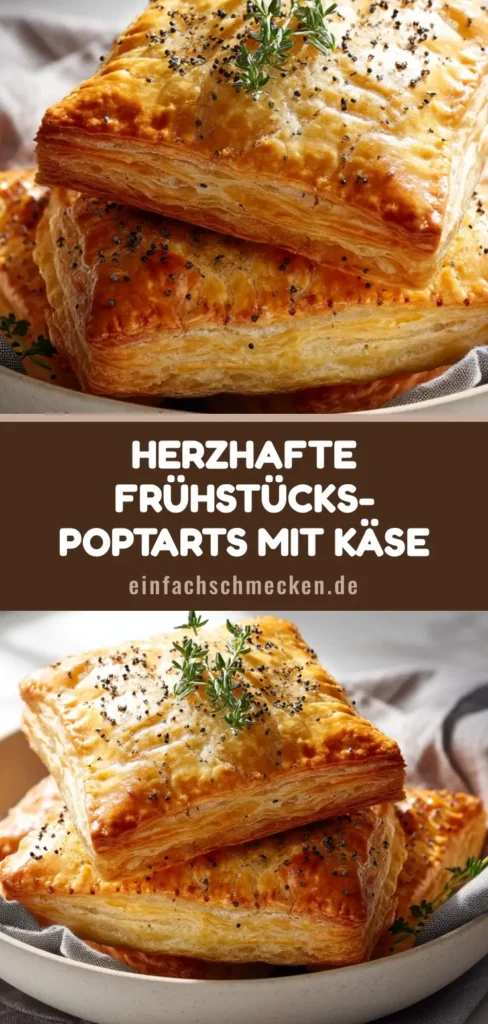 Nahaufnahme von herzhaften Frühstücks-Poptarts mit fluffigem Rührei und geschmolzenem Cheddar, goldbrauner Blätterteig mit Gabelrand.