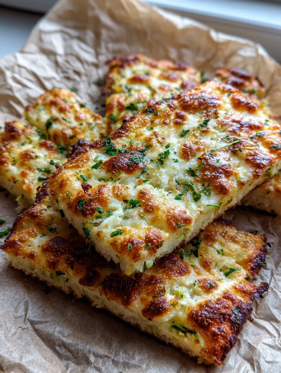 Zucchini Käse Brot: Die ultimative Low-Carb-Versuchung mit Knusper-Garantie 3 Goldbraun gebackene Zucchini Käse Brot Streifen mit blubberndem Mozzarella und Kräutern.