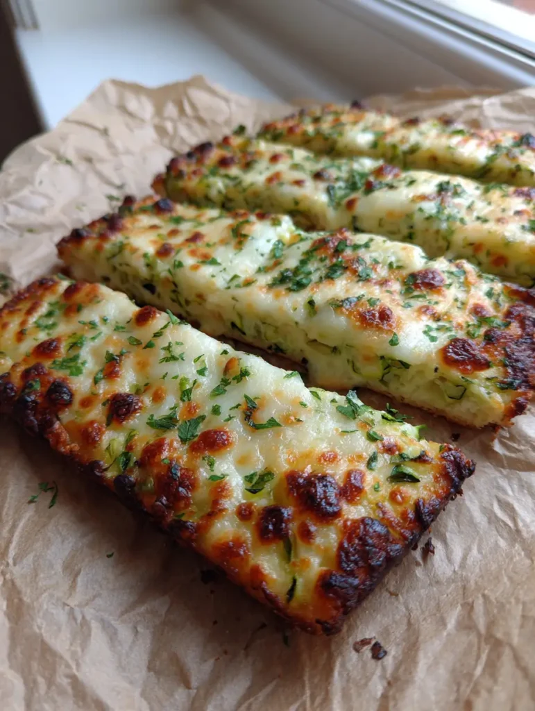 Zucchini Käse Brot: Die ultimative Low-Carb-Versuchung mit Knusper-Garantie 1 Draufsicht auf Zucchini Käse Brot auf zerknittertem braunem Backpapier.