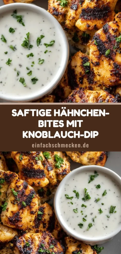 Nahaufnahme von gegrillten Hähnchen-Bites mit Knoblauchsauce, serviert auf einem grauen Teller mit frischer Petersilie.