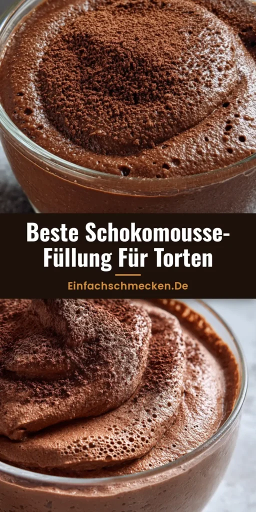 Luftige Schokomousse Tortenfüllung in einer Glasschüssel mit Kakaopulver bestäubt.