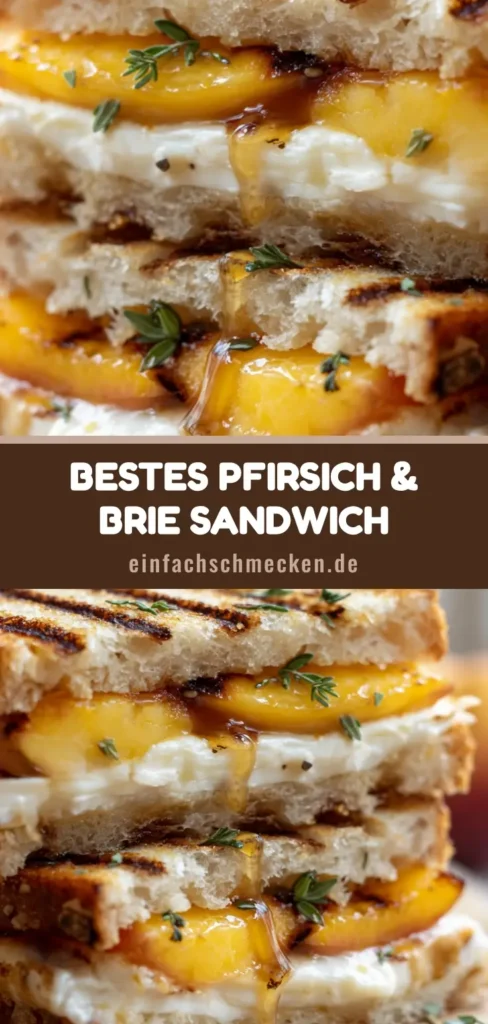 Nahaufnahme eines halbierten Pfirsich Brie Sandwiches mit geschmolzenem Käse und karamellisierten Pfirsichen auf rustikalem Sauerteigbrot.