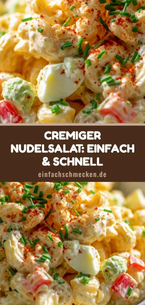 Cremiger Nudelsalat: Das ultimative Rezept für den Grillabend 4 Ein köstlicher Cremiger Nudelsalat in einer weißen Schüssel, garniert mit Paprikapulver und Schnittlauch.