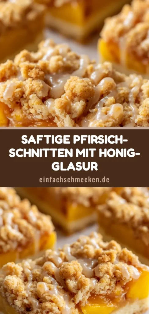 Draufsicht auf rechteckige Pfirsich-Crumble-Schnitten mit goldbraunen Streuseln und glänzendem Honig-Guss auf einem neutralen Hintergrund.