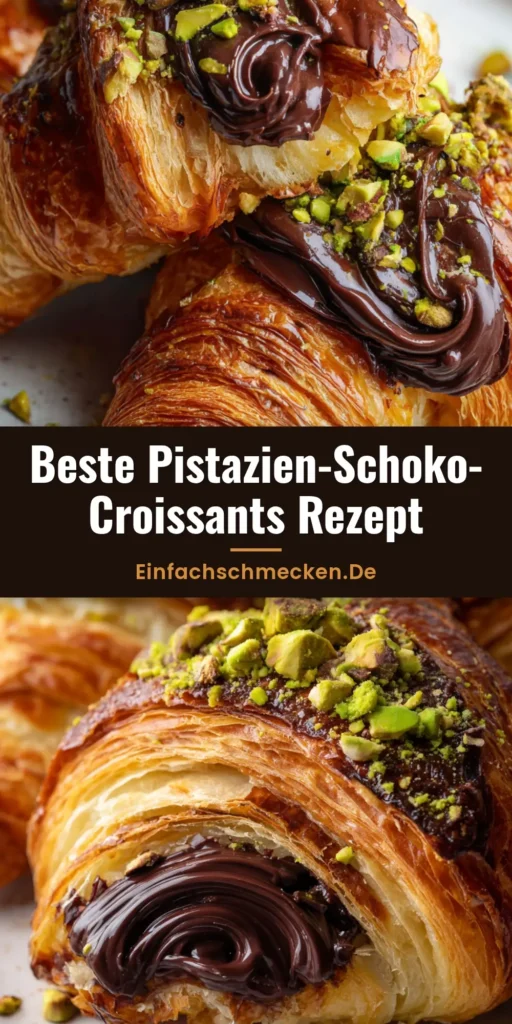 Ein fertig gebackenes Pistazien-Schoko-Croissant mit sichtbarer Zartbitter-Ganache und grünen Pistaziensplittern auf einem Teller.