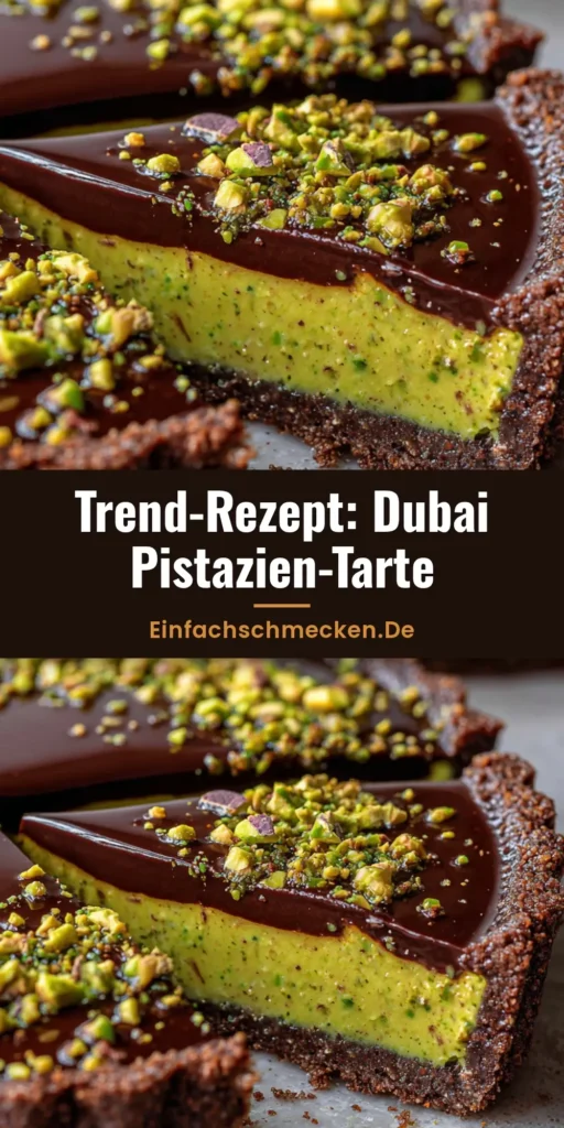 Schokoladen Pistazien Tarte: Das ultimative Rezept im Dubai-Style 4 Ein vertikaler Pin der Schokoladen Pistazien Tarte mit Ansicht der Schichten: dunkler Boden, grüne Pistaziencreme und Schokoganache.