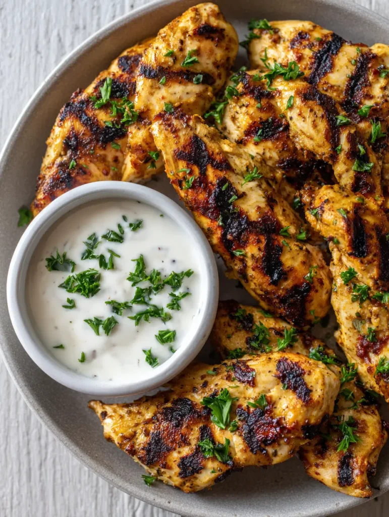 Draufsicht auf goldbraun gebratene Hähnchen-Bites mit Grillstreifen und einem Schälchen weißer Knoblauchsauce.