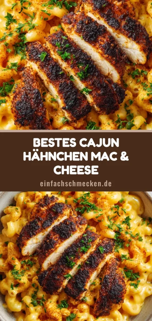 Cajun Hähnchen Mac and Cheese: Das ultimative cremige Soulfood mit Kick 4 Nahaufnahme von Cajun Hähnchen Mac and Cheese in einer Schüssel mit cremiger Sauce und dunklen Hähnchenstreifen.