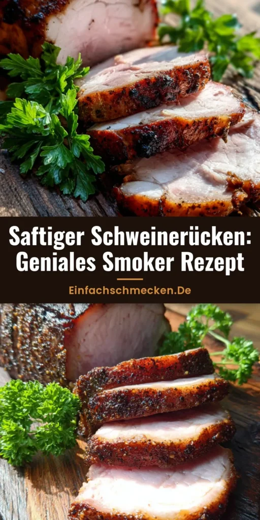 Geschnittener Schweinerücken aus dem Smoker mit deutlichem rosa Smokering und Petersilie auf einem Holzbrett.