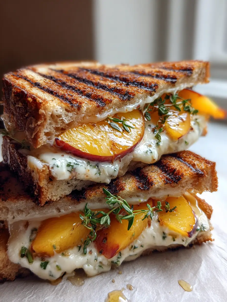 Seitenansicht eines gegrillten Pfirsich Brie Sandwiches mit sichtbarem Honig und Thymian.