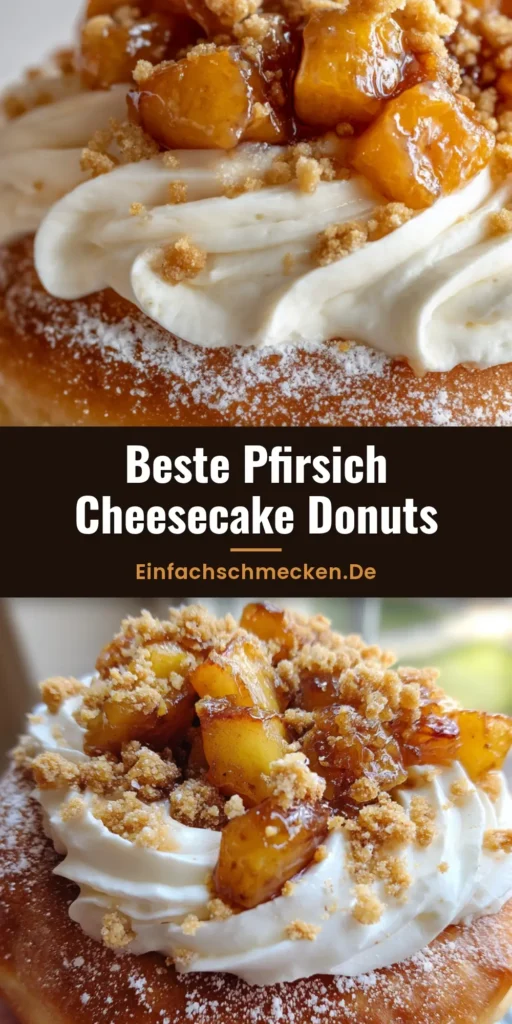 Ein köstlicher Pfirsich Cheesecake Donut mit weißem Frosting, karamellisierten Pfirsichen und goldenen Streuseln in der Hand gehalten.