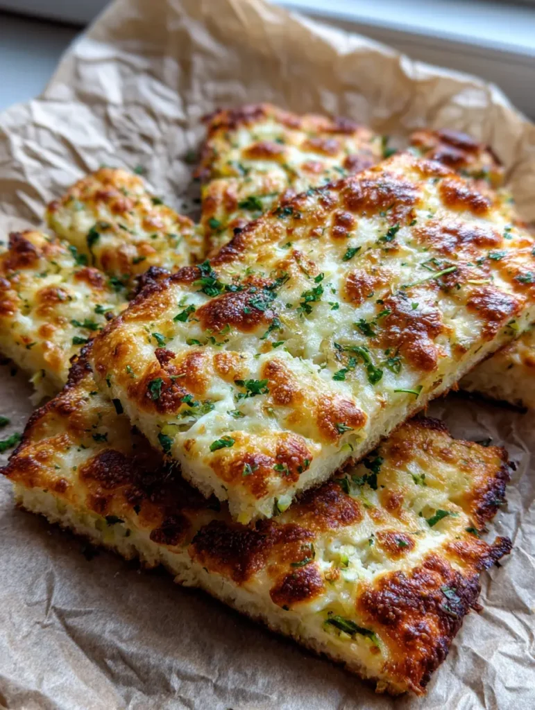 Draufsicht auf gebackenes Zucchini Käse Brot mit goldbraun gerösteten Mozzarella-Stellen und frischer Petersilie.