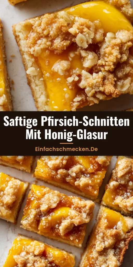 Pfirsich-Crumble-Schnitten mit Honig-Glasur: Das ultimative Sommer-Rezept 4 Nahaufnahme von rechteckigen Pfirsich-Crumble-Schnitten mit mürbem Boden, saftigen Pfirsichen und goldbraunen Streuseln mit Honig-Glasur.