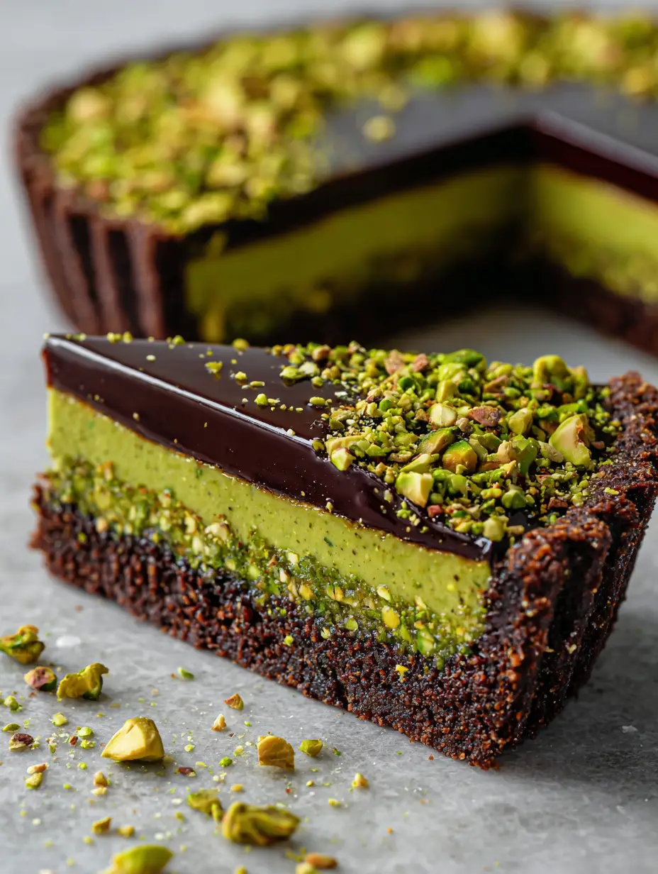Schokoladen Pistazien Tarte: Das ultimative Rezept im Dubai-Style 3 Nahaufnahme einer angeschnittenen Schokoladen Pistazien Tarte, die die knusprigen Kunafa-Fäden und die cremige Füllung zeigt.