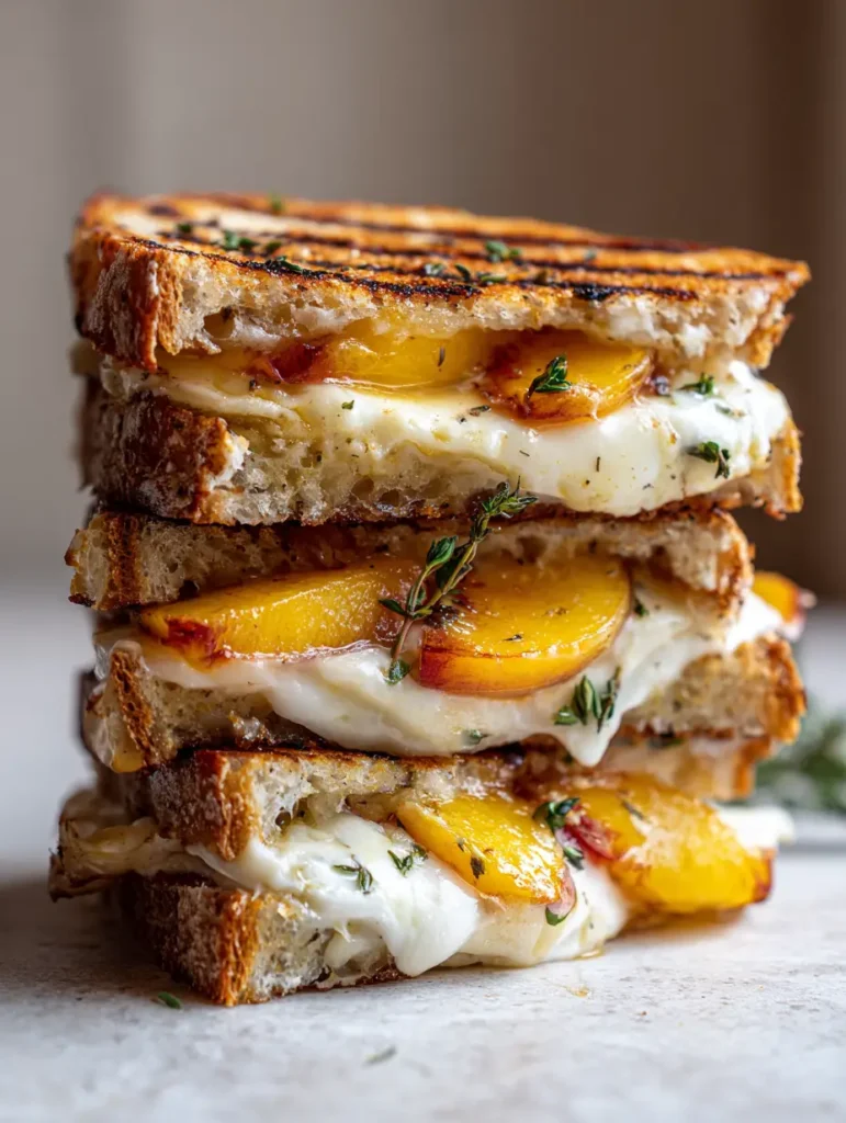 Gourmet Grilled Cheese mit Pfirsich, Brie und frischen Kräutern auf einem neutralen Hintergrund.