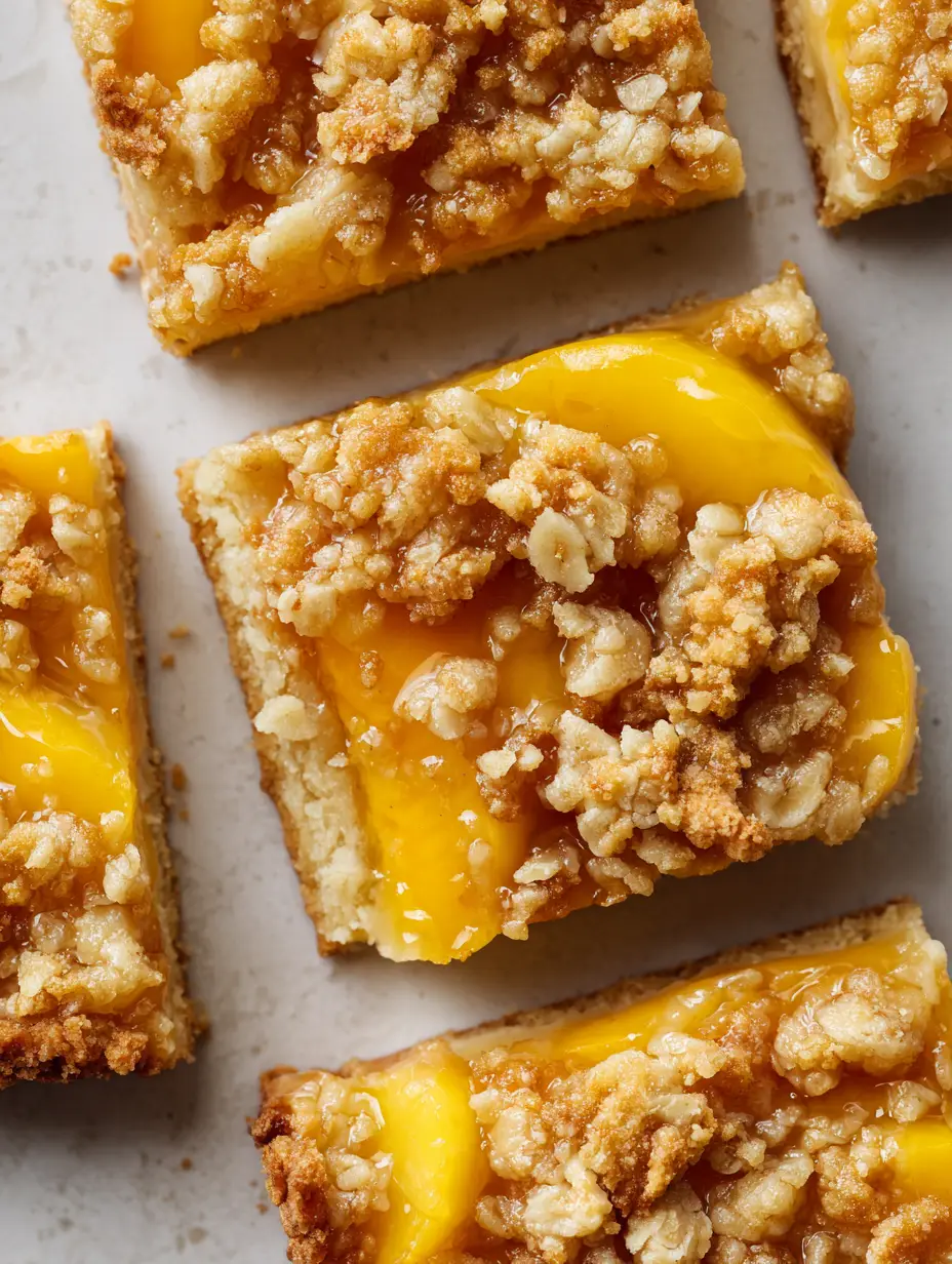 Pfirsich-Crumble-Schnitten mit Honig-Glasur: Das ultimative Sommer-Rezept 3 Draufsicht auf die Textur der Pfirsich-Crumble-Schnitten mit der jammy Pfirsichschicht und krossen Crumble-Stücken.