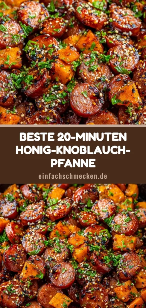 Honig-Knoblauch-Hähnchen: Das ultimative 30-Minuten-Pfannengericht 4 Nahaufnahme einer Gusseisenpfanne mit Honig-Knoblauch-Hähnchen und Süßkartoffeln, garniert mit Sesam und Frühlingszwiebeln.