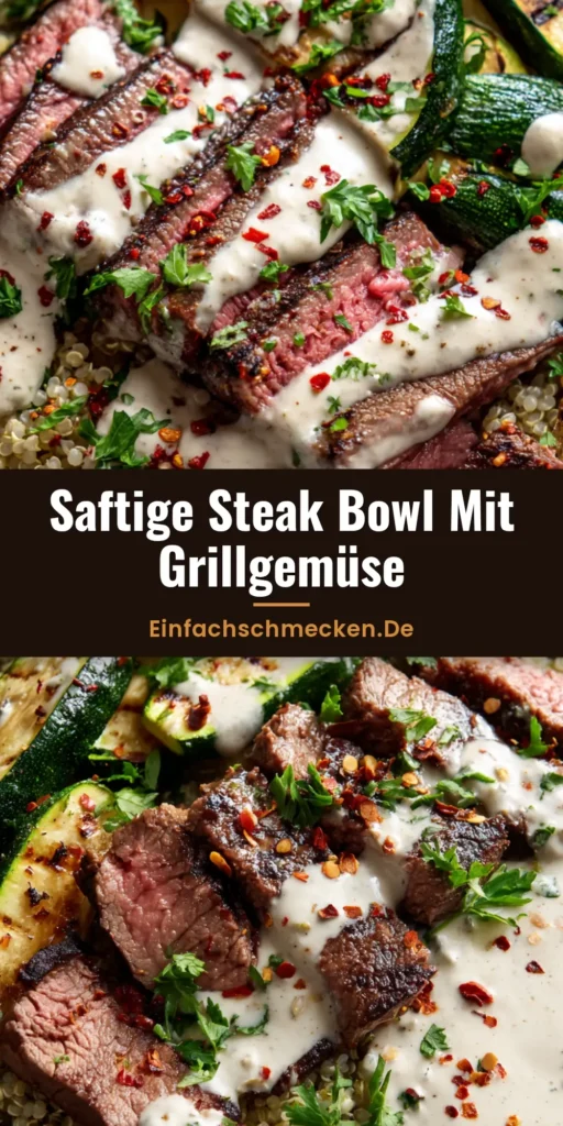 Nahaufnahme einer Steak Bowl mit saftigen Medium-Rare Rindersteak-Streifen, weißem Quinoa, gegrillten Zucchini und cremiger weißer Sauce. (Steak Bowl Rezept)